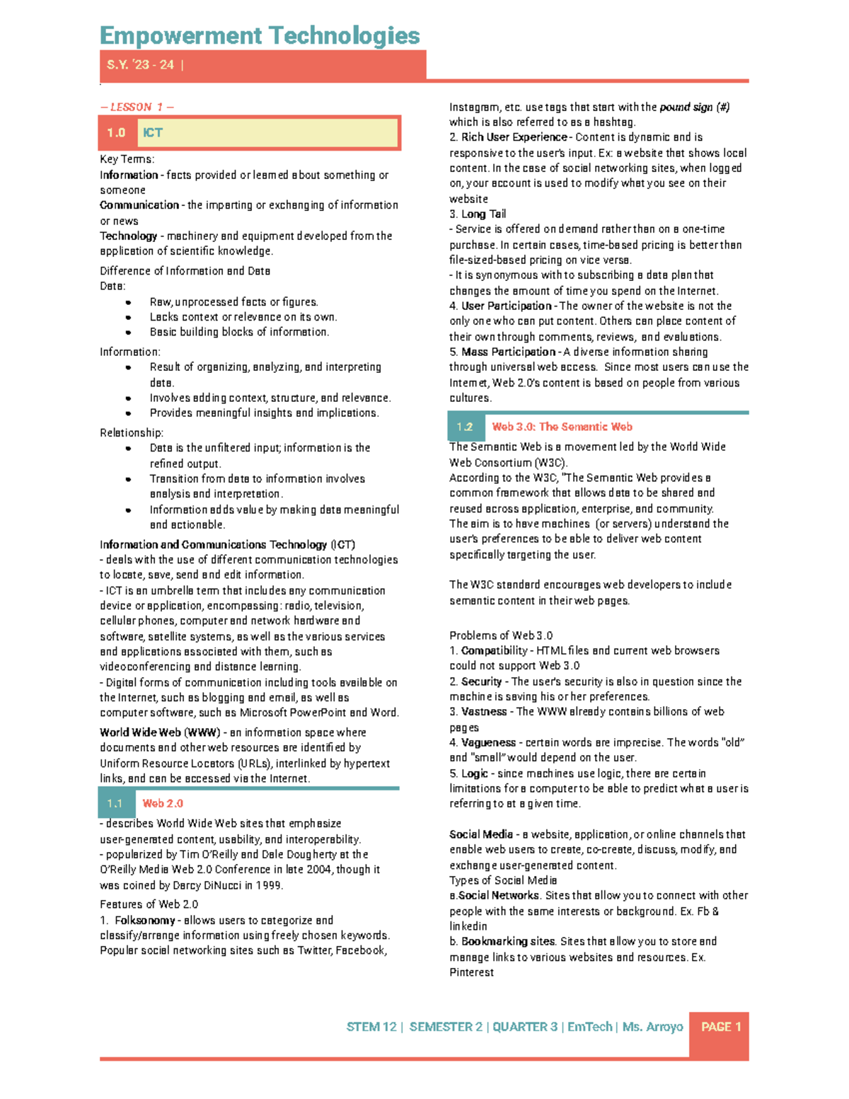 Empowerment Technologies S.Y. 24: Lesson 1 - ICT Key Terms & Concepts ...