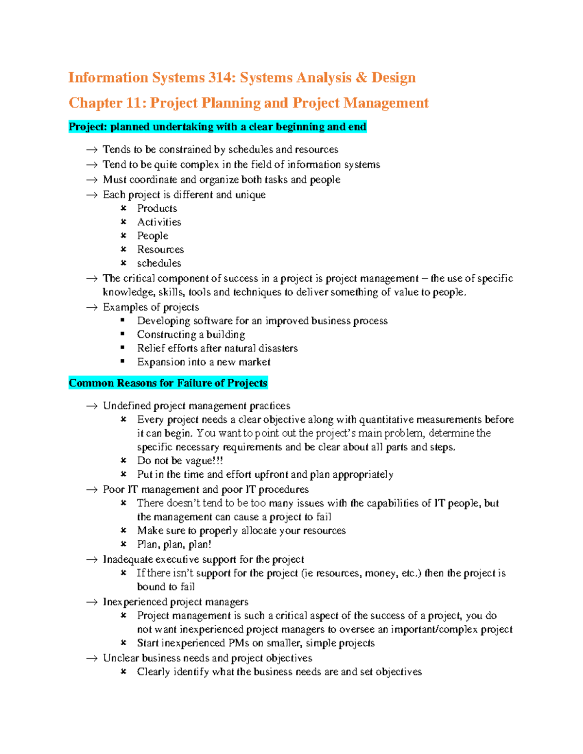 IS 314 Chapter 11: Project Planning & Management Lecture Notes - Studocu