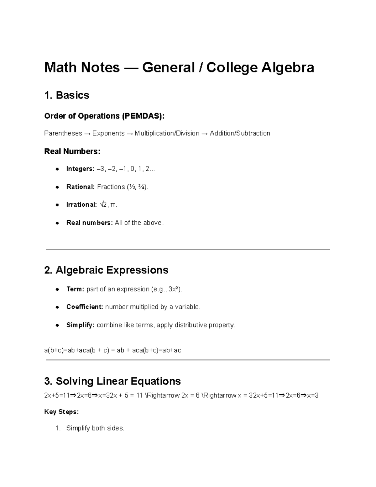 Math 101: Summary Notes on General College Algebra Concepts - Studocu