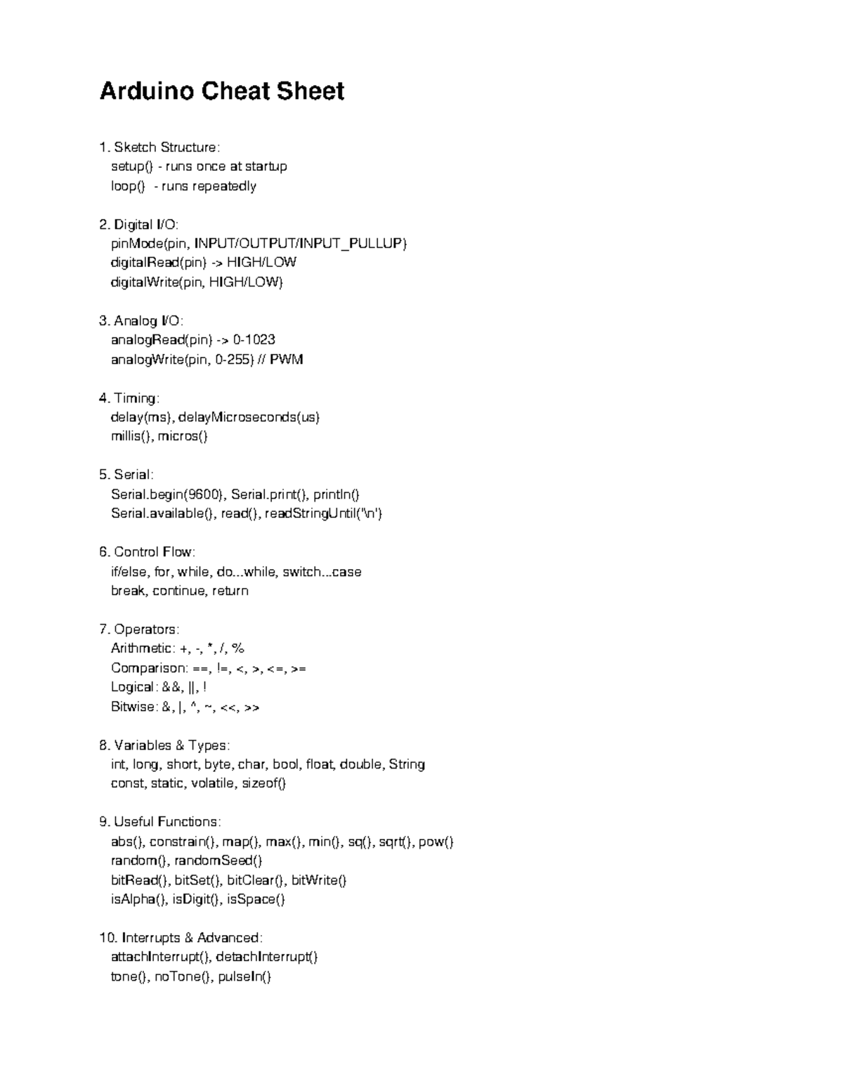 Arduino Cheat Sheet: Key Functions & Structures for Programming - Studocu