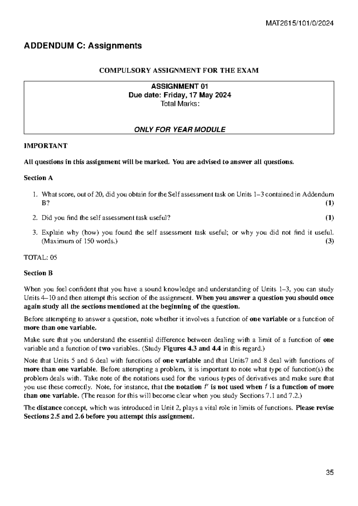 MAT2615 ASS1 2024 - MAT2615/101/0/ ADDENDUM C: Assignments COMPULSORY ...