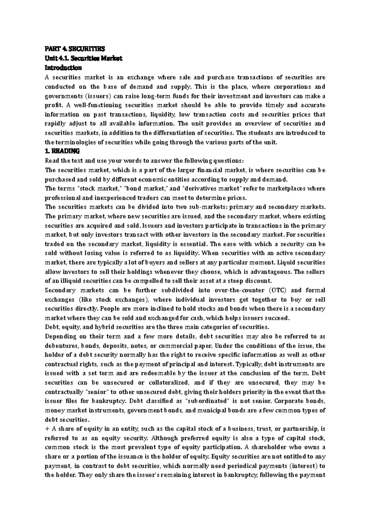 Unit 4.1 - Securities Market Overview and Key Concepts - Studocu