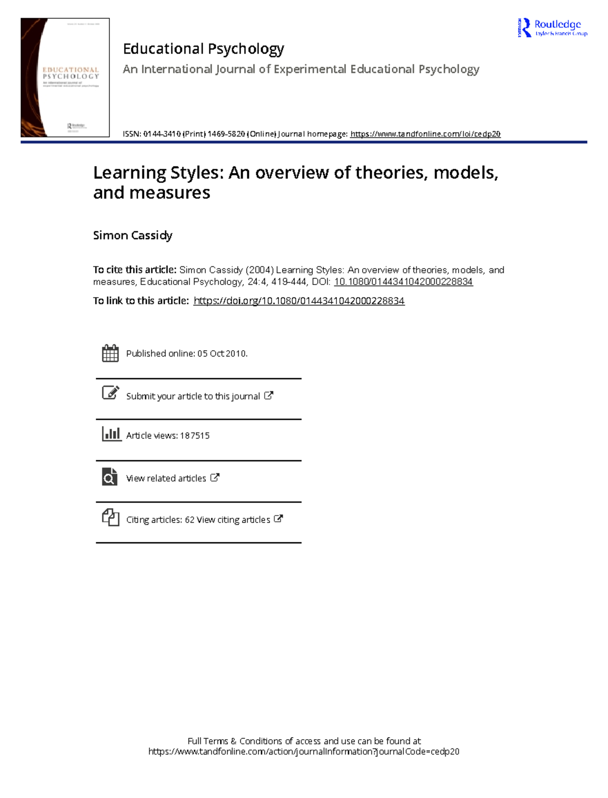 Learning Styles An overview of theories models and measures - Full ...