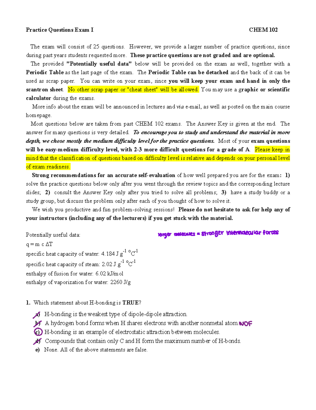 Exam 1 Study Guide - Practice Questions Exam I CHEM 102 The exam will ...