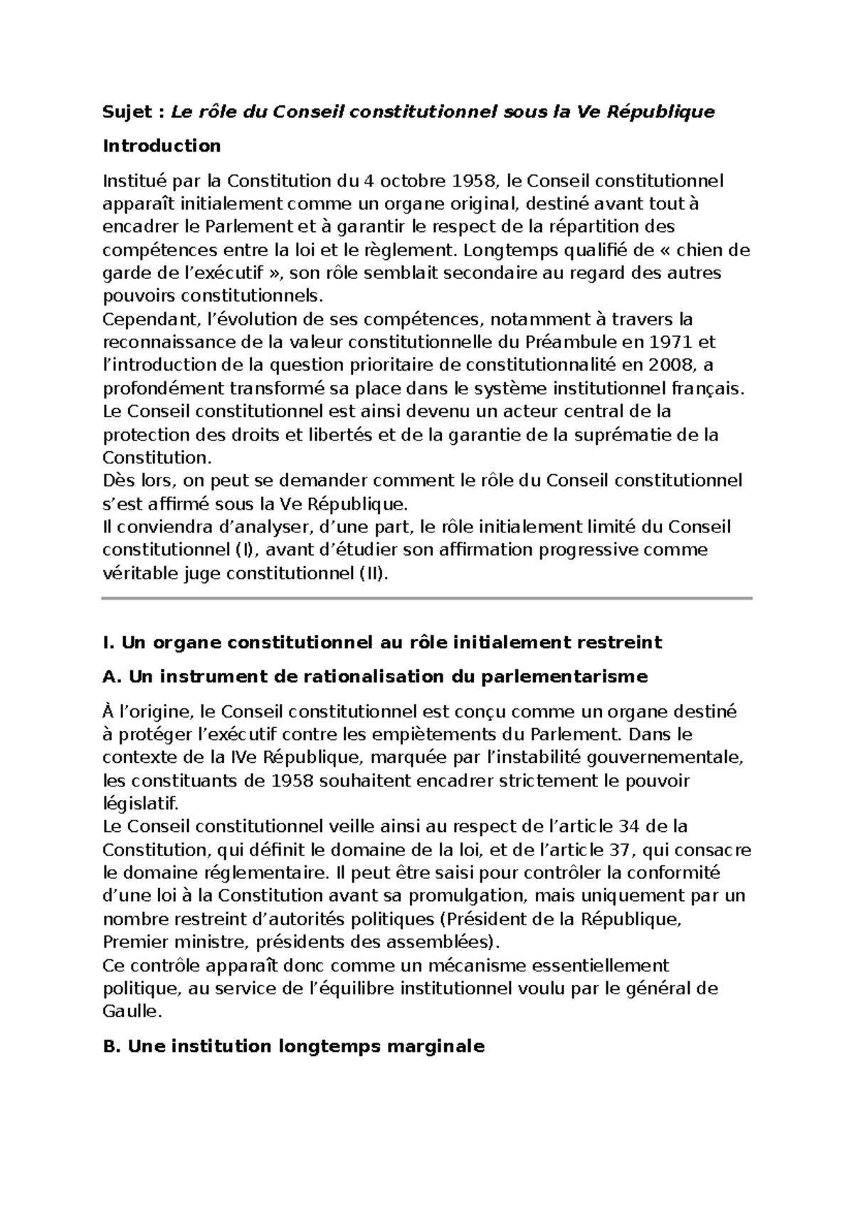 Le rôle du Conseil constitutionnel sous la Ve République - Dissert DC ...