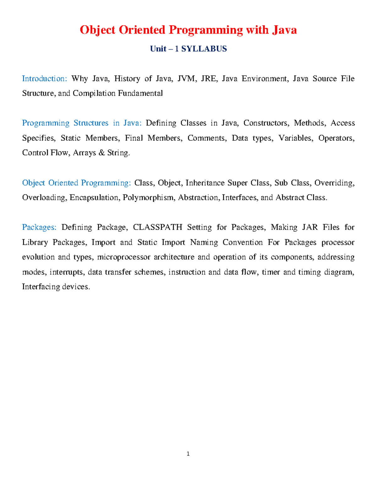 Java Unit-1 Lecture Notes: Object-Oriented Programming Basics - Studocu
