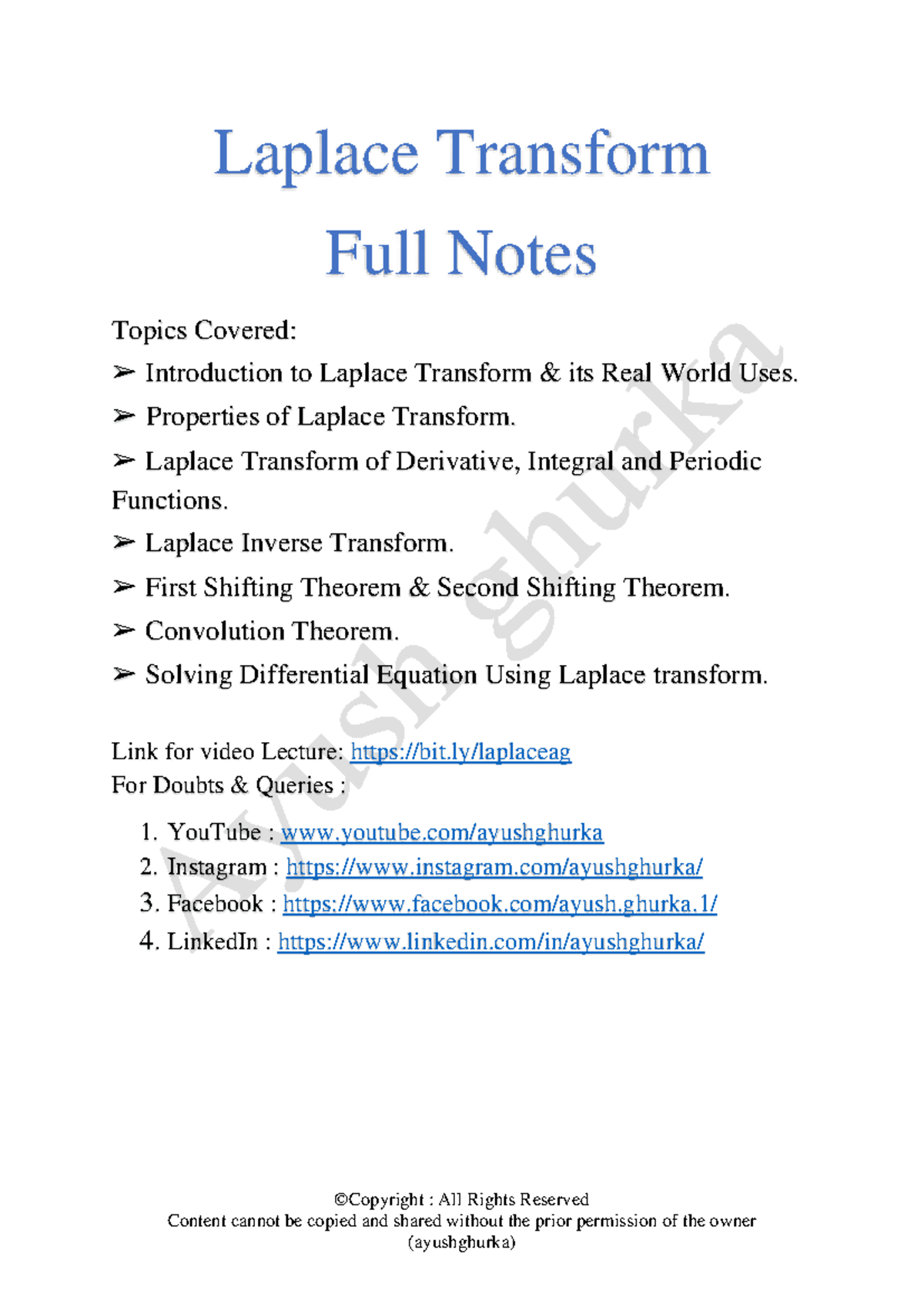 Laplace Transform Full Notes - Key Concepts and Properties - Studocu