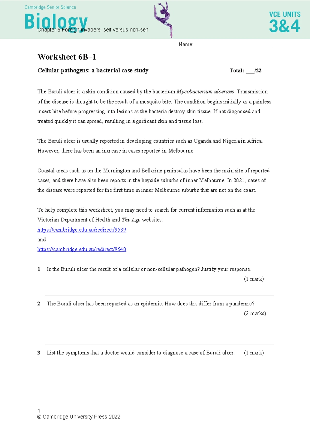Chapter 6 Worksheet 6B Answers: Cellular Pathogens & Buruli Ulcer - Studocu