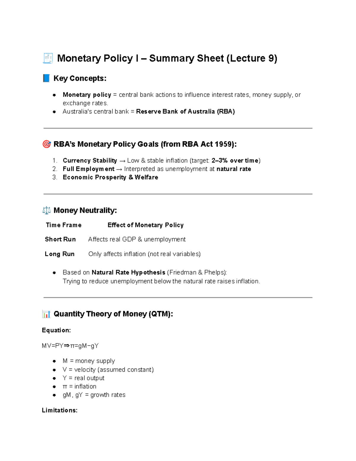Monetary Policy I & II Summary Sheet (Lecture 9 & 10) Key Concepts ...