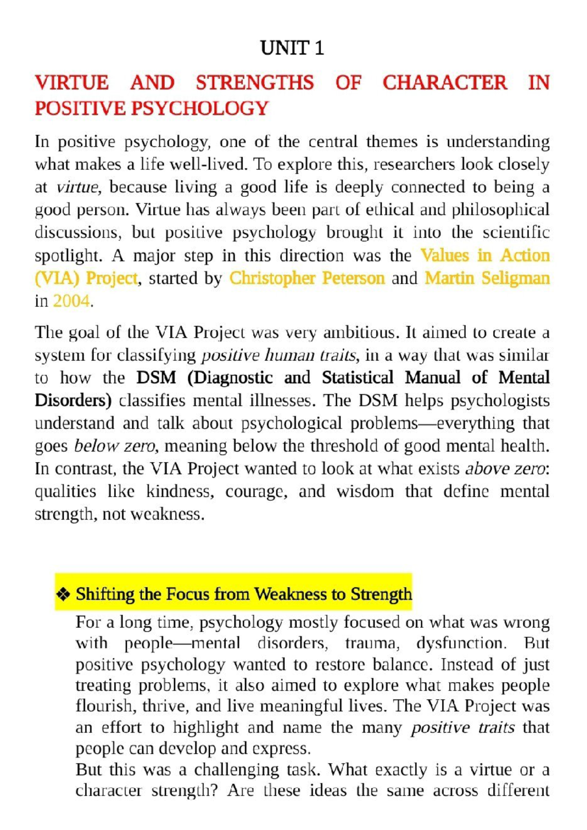 UNIT 1: Exploring Virtue and Character Strengths in Positive Psychology ...