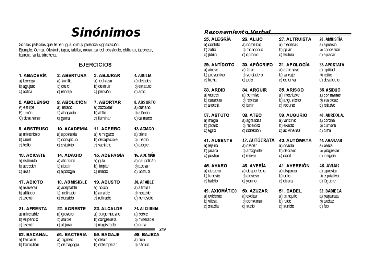 Práctica de Sinónimos: Ejercicios de Razonamiento Verbal - Studocu
