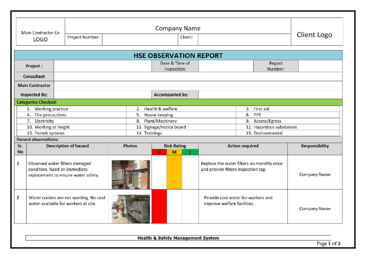 HSE Observation Report - Construction Site Safety (Project No: [Insert ...