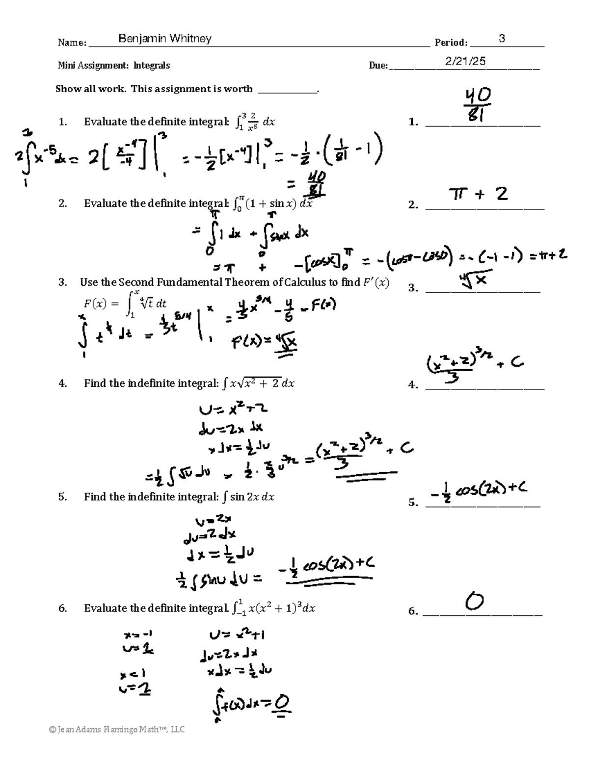 Integrals Mini Assignment Worksheet (Flamingo Math) - Studocu