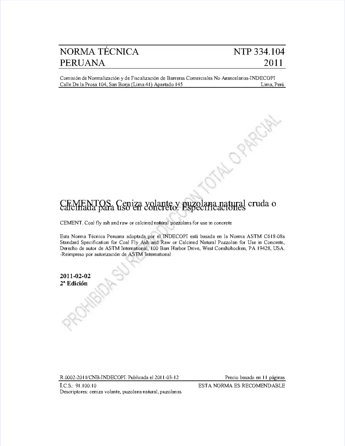 NTP 334 - Norma Técnica Peruana sobre Ceniza Volante y Puzolana - Document Preview