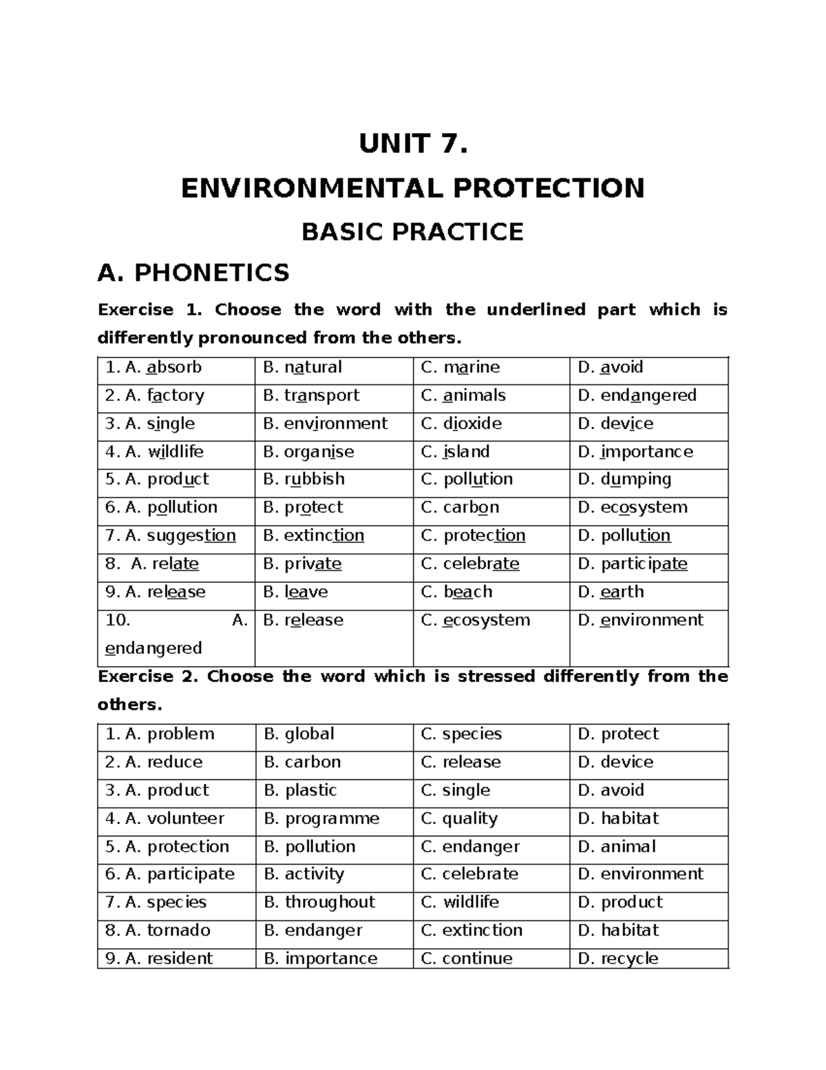 UNIT 7 Environmental Protection Practice Exercises - kqwhdi - Studocu