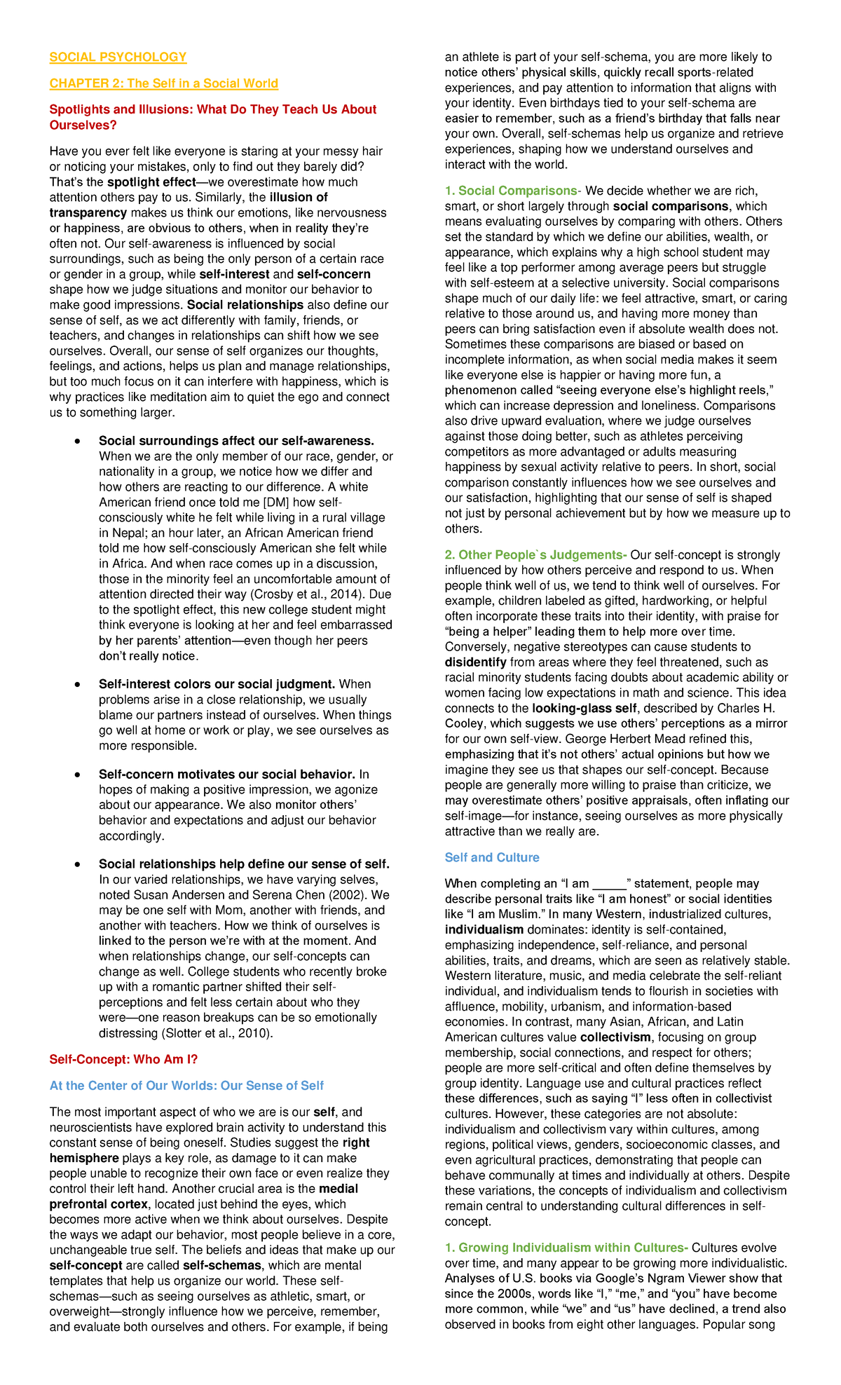SOCIAL PSYCHOLOGY CHAPTER 2: Understanding the Self in Society - Studocu