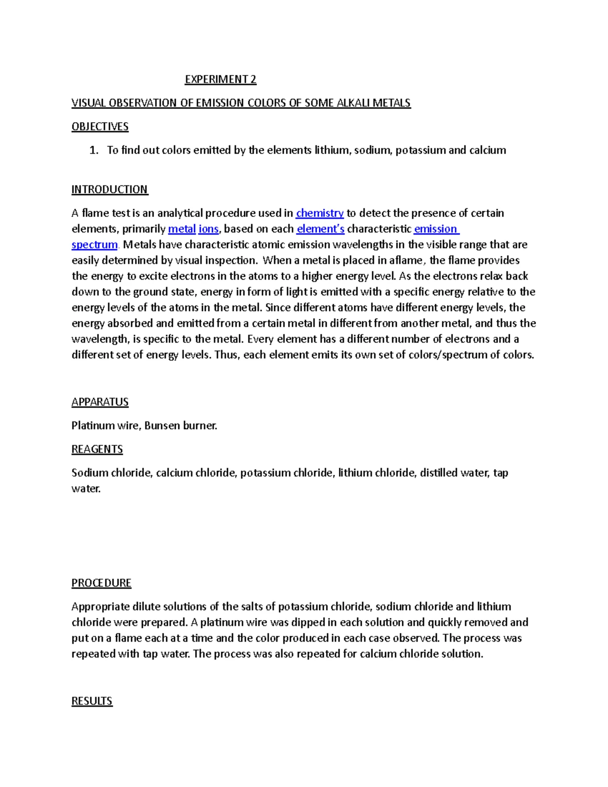 Visual Observation OF Alkali Metals Chemistry lab Report - EXPERIMENT 2 ...