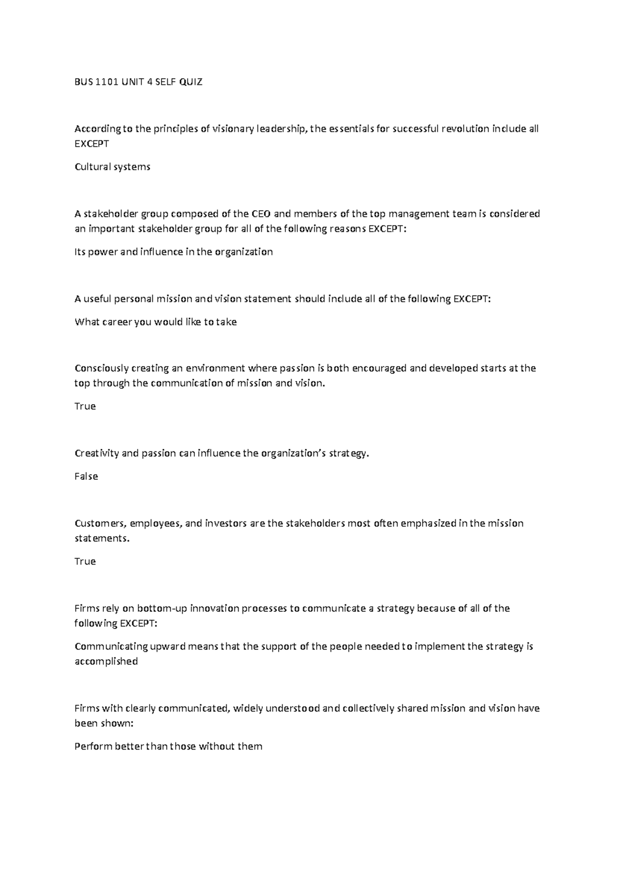 BUS 1101 UNIT 4 SELF QUIZ: Visionary Leadership Principles - Studocu
