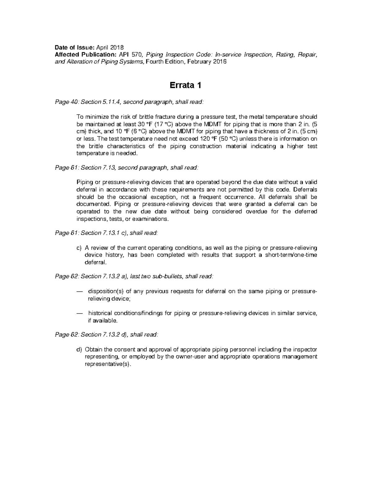 API 570 4th Edition - Errata and Inspection Guidelines (April 2018 ...