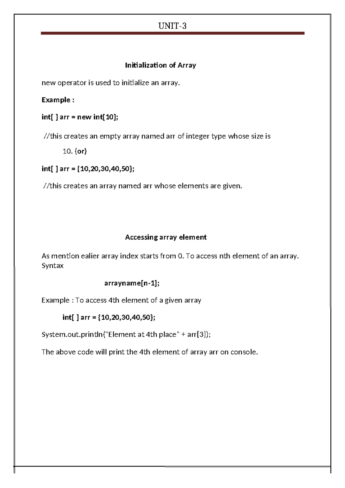 UNIT-3(JAVA) - very useful for arrays,inheritance - Initialization of ...