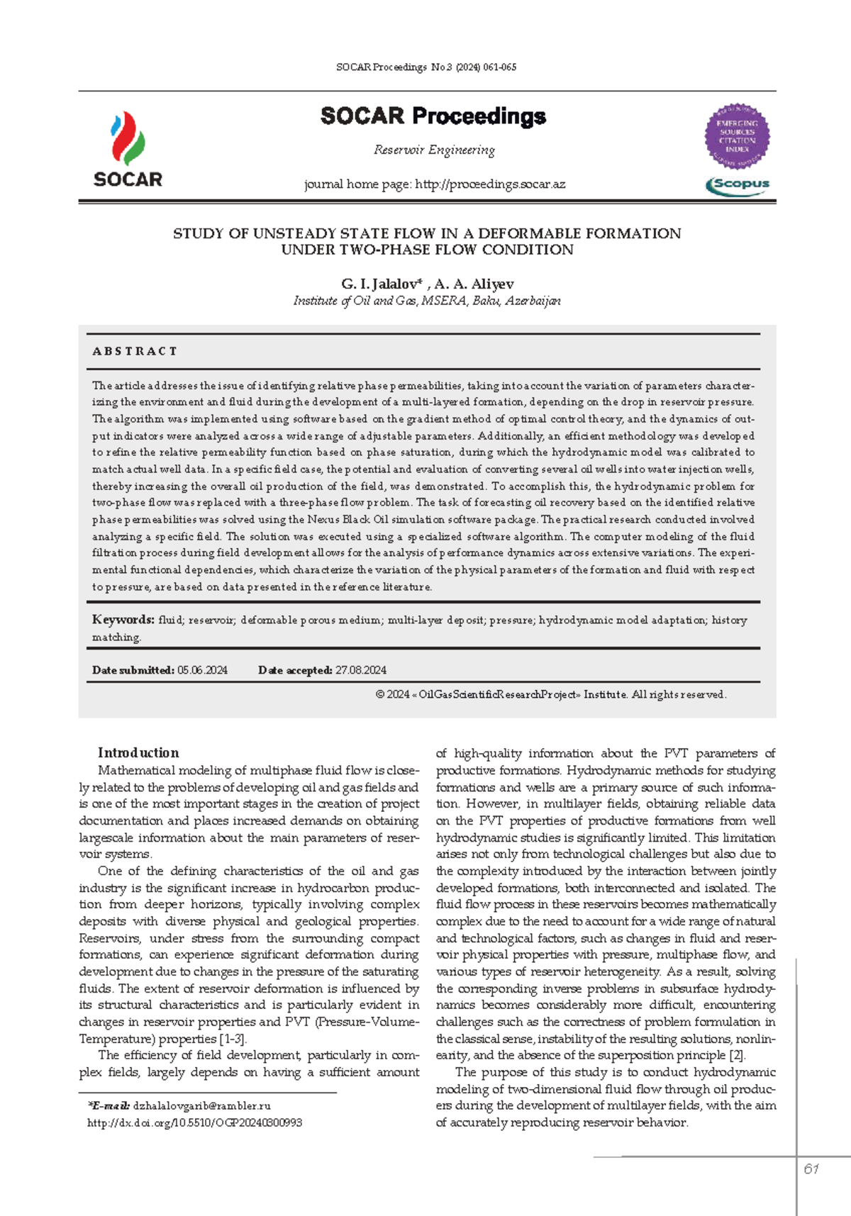 SOCAR Proceedings No.3 (2024) Study on Unsteady Flow in Deformable ...