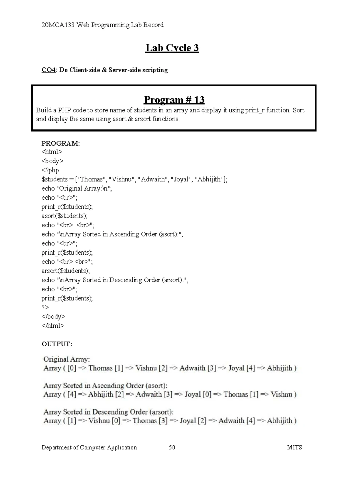 20MCA133 Web Programming Lab Record: PHP & MySQL Applications - Studocu