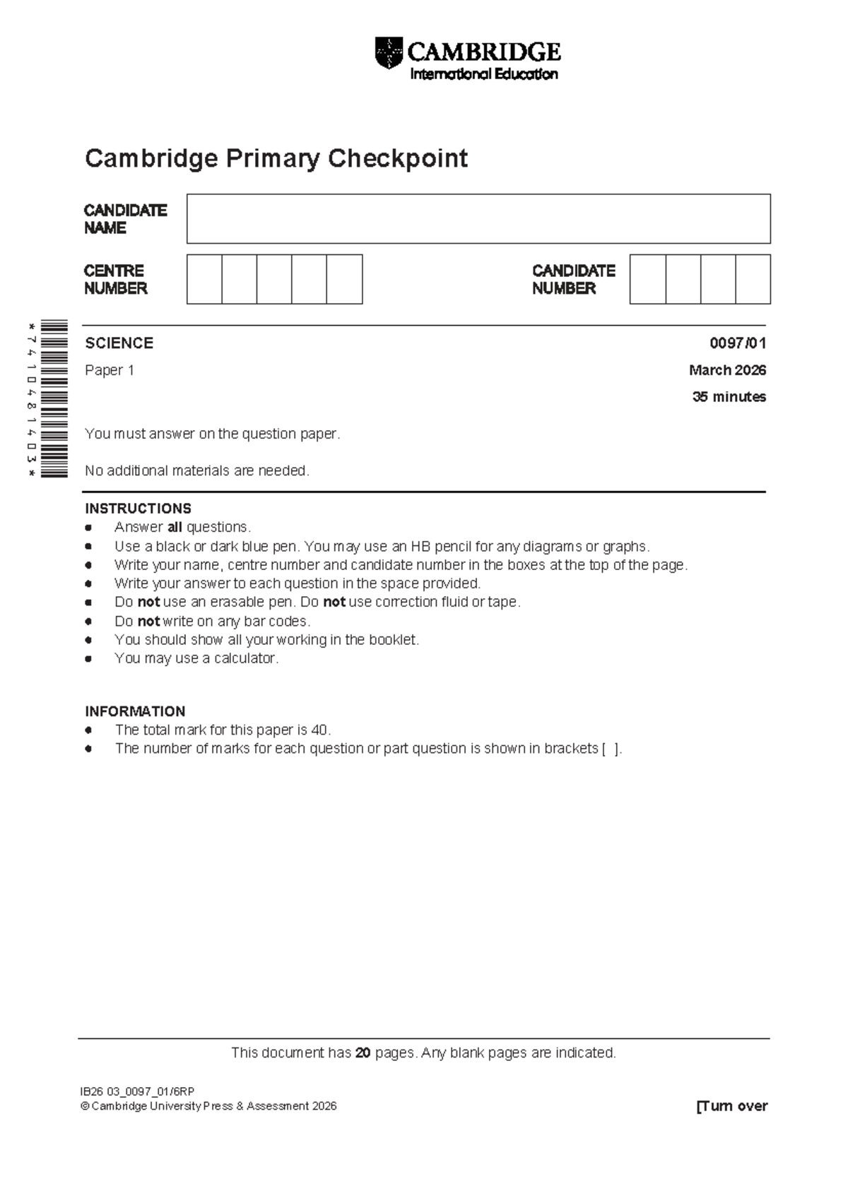 Cambridge Primary Checkpoint SCIENCE Paper 1 March 2026 - 35 Min Exam ...