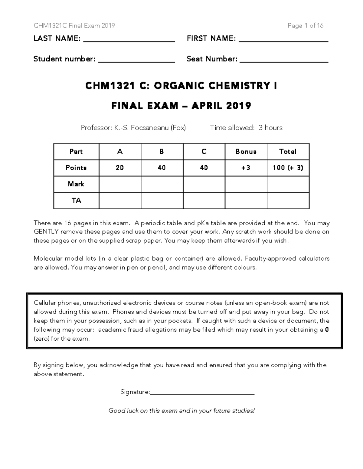 CHM1321C Organic Chemistry I Final Exam 2019 - Complete Guide - Studocu