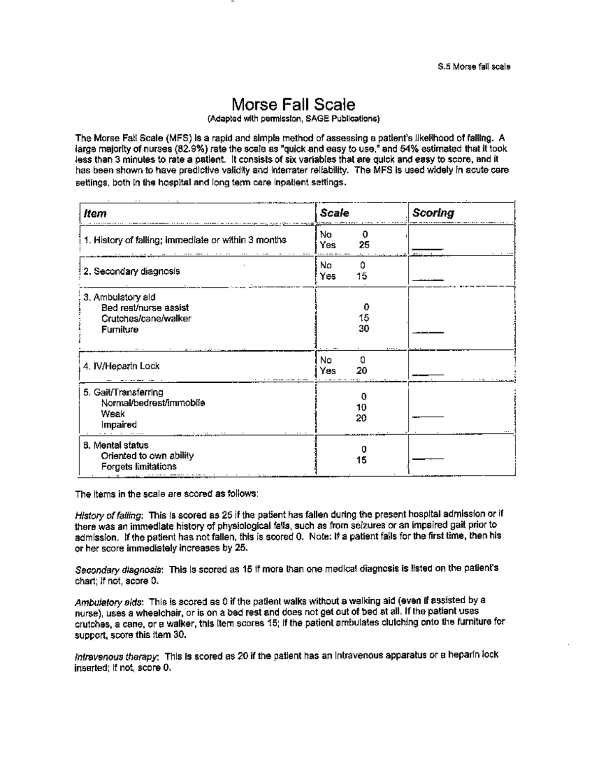 Morse Fall Scale Assessment Overview and Scoring Guide - Studocu