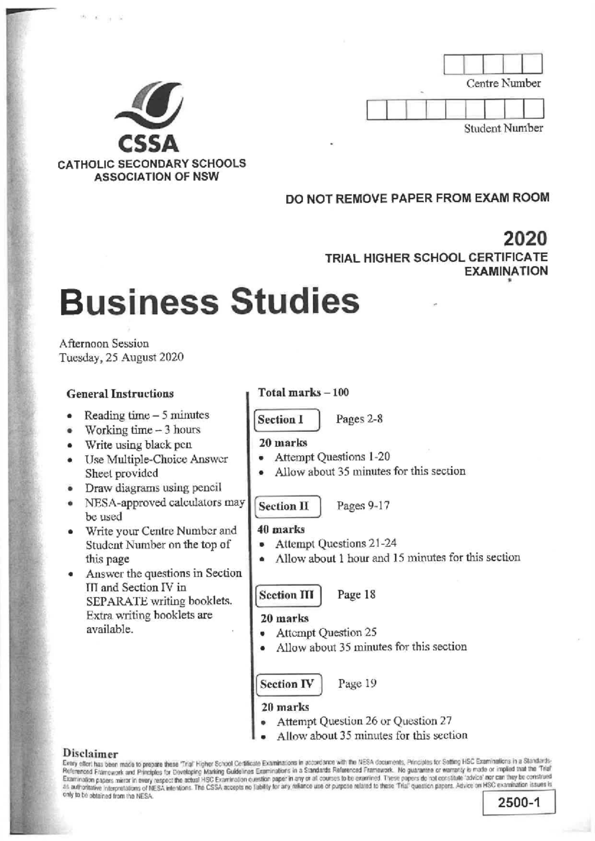 2020 HSC Business Studies Trial Exam Paper - CSSA - Studocu