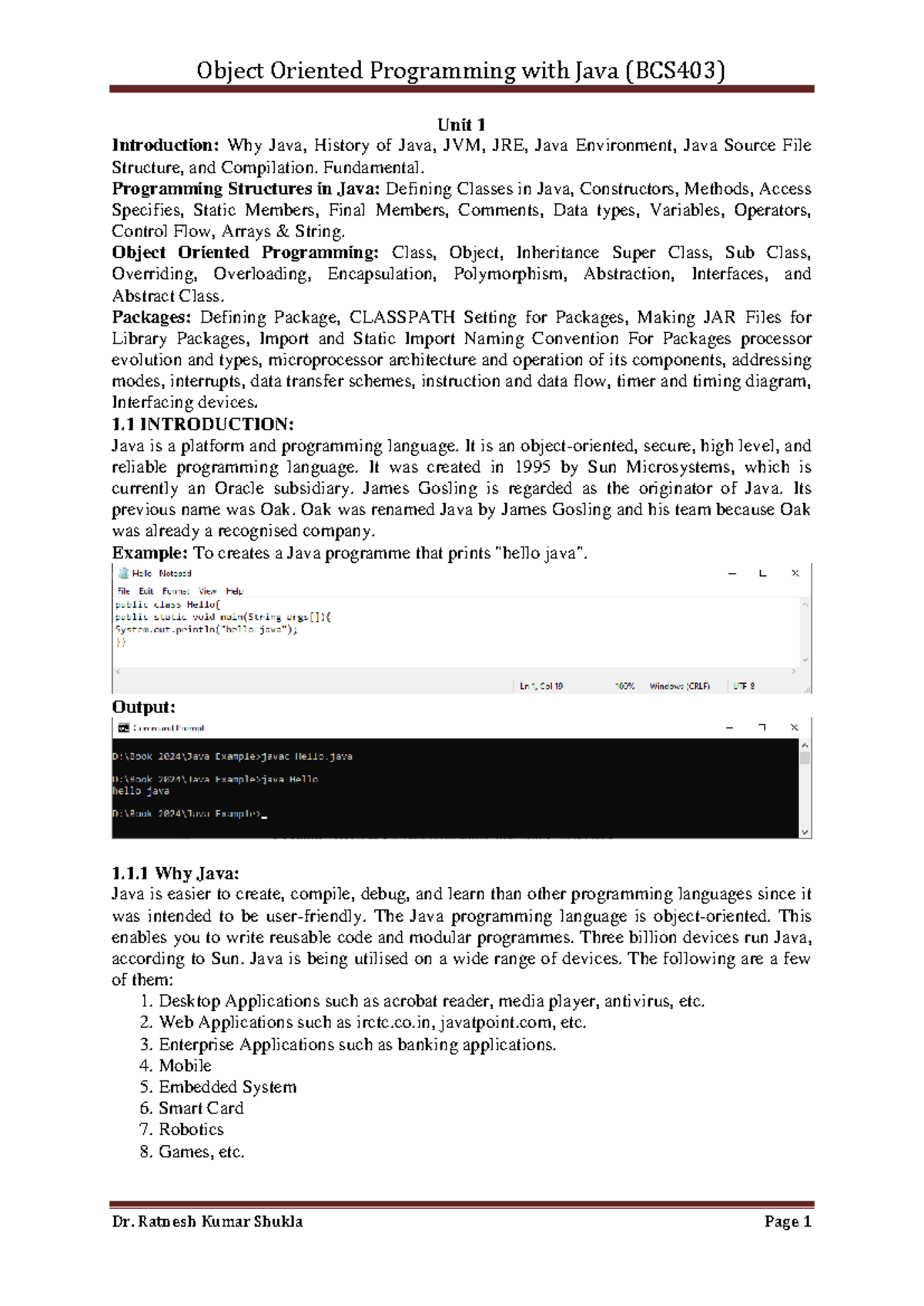 Object oriented programming with Java (BCS403) unit 1 overview and ...
