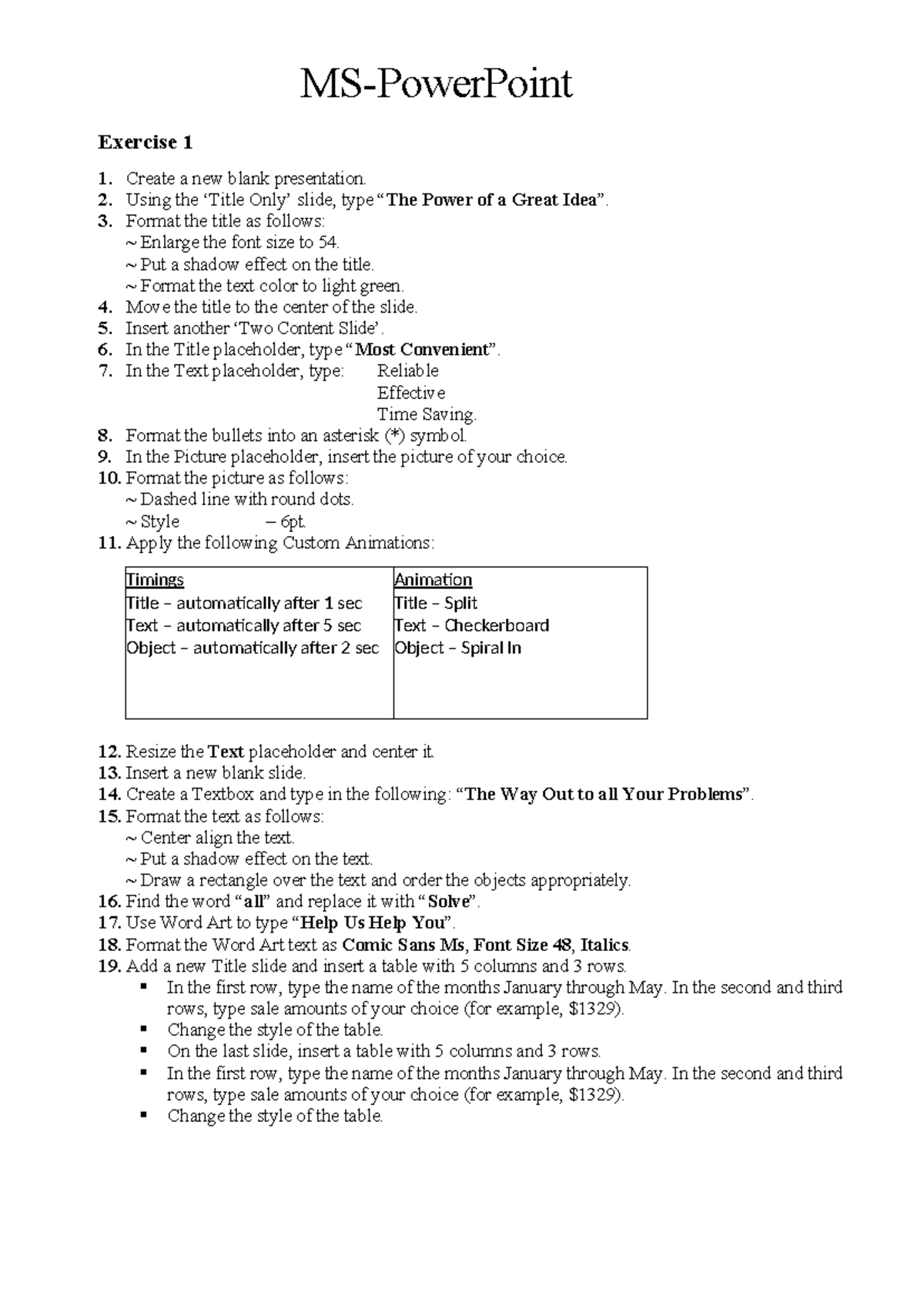 Power Point Practice Exercise - MS-PowerPoint Exercise 1 Create a new ...