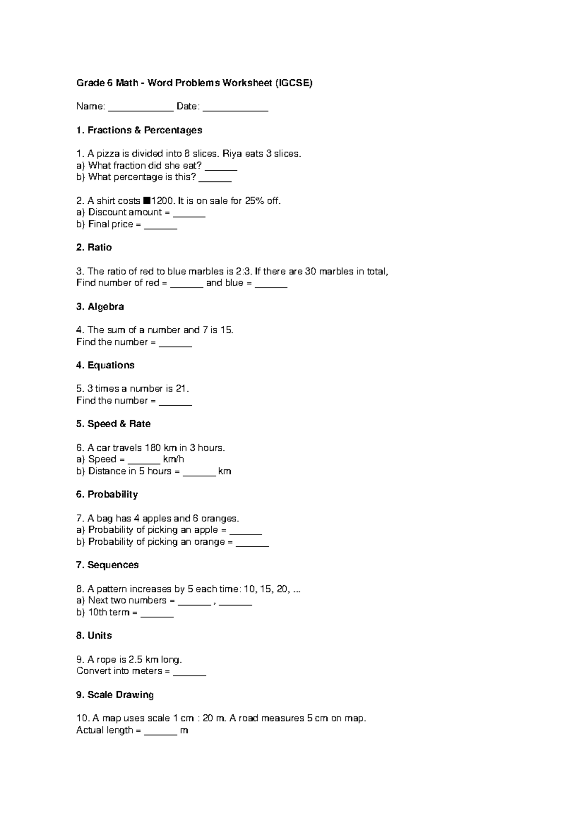 Grade 6 Math Word Problems Worksheet (IGCSE) - Studocu