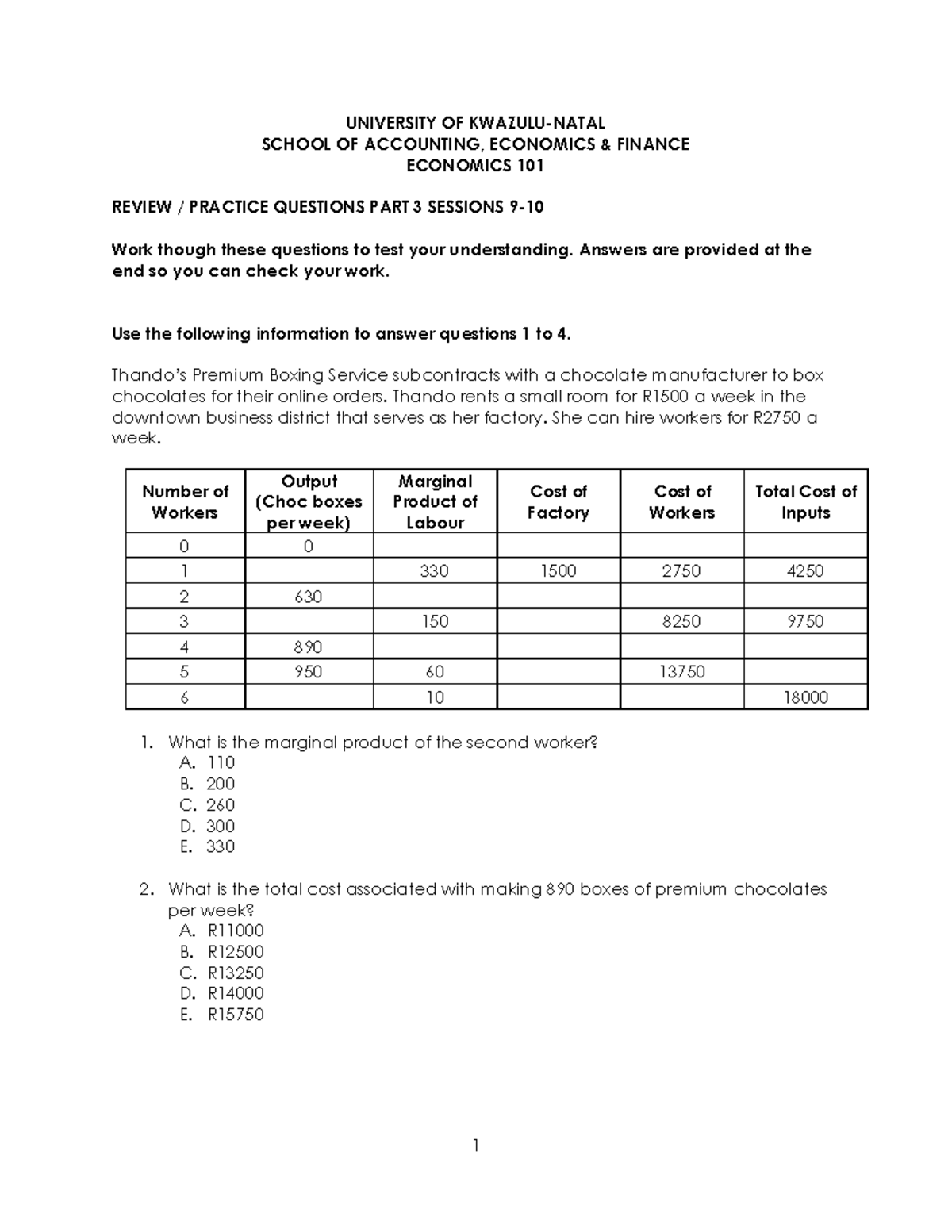 Economics 101 - Practice Review Questions for Sessions 9-10 - Studocu