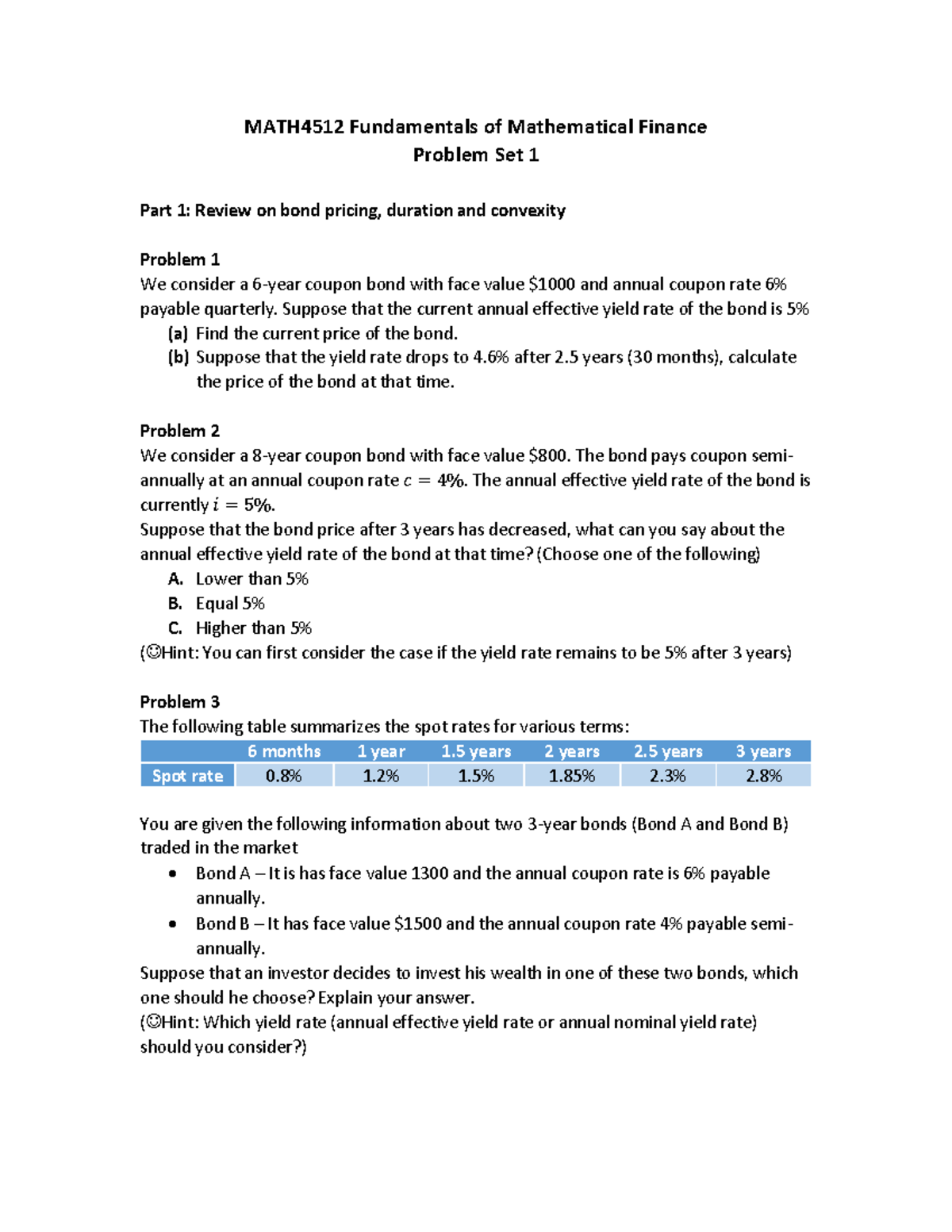 MATH4512 Problem Set 1 ver2 - Fundamentals of Mathematical Finance ...