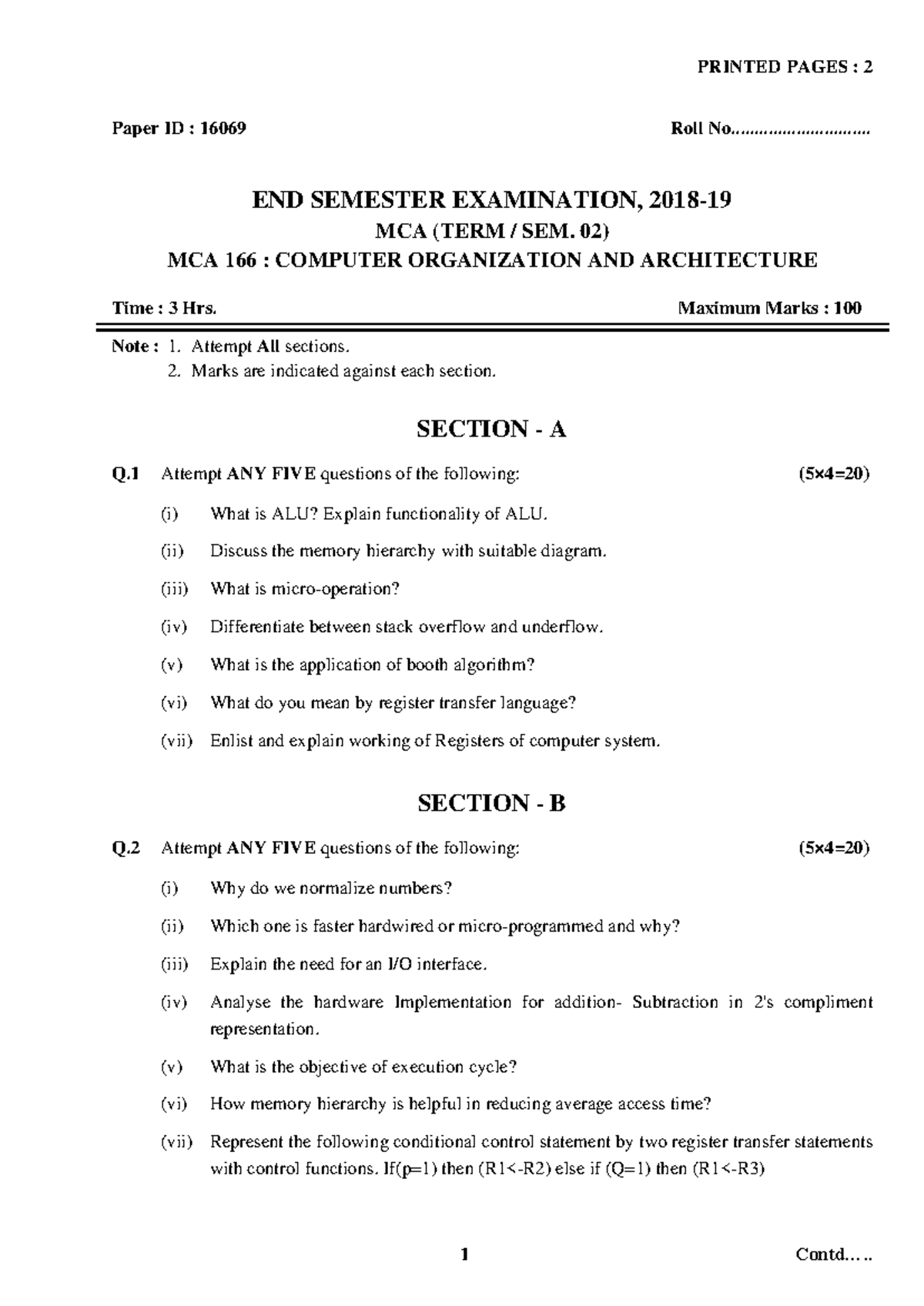 MCA 166: End Semester Exam Notes on Computer Organization ...