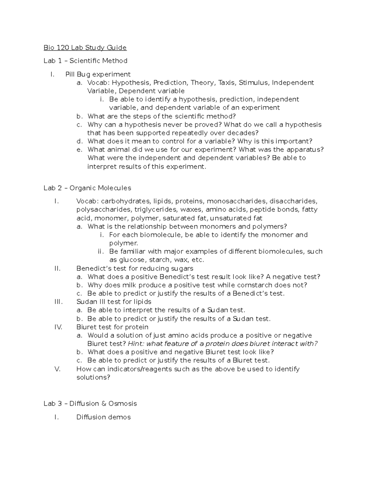 Bio 120 Lab Study Guide: Scientific Method, Biomolecules, and Enzymes ...