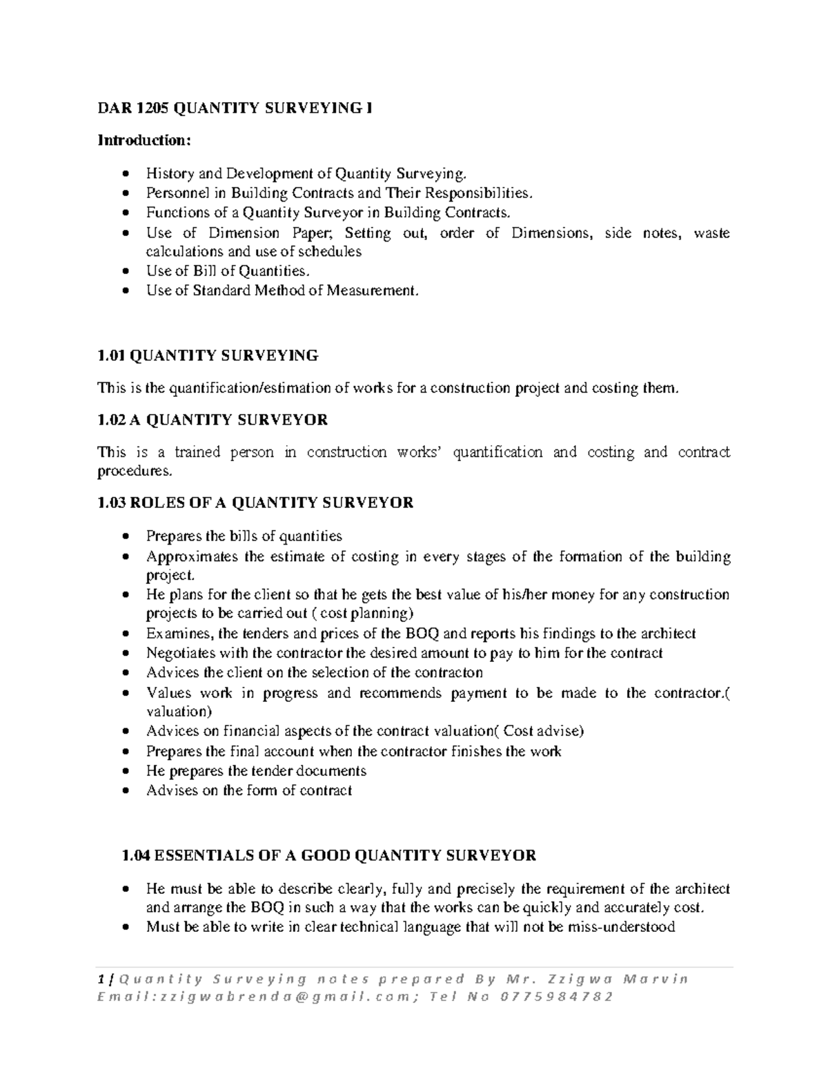 DAR 1205 Quantity Surveying I: Introduction and Key Concepts - Studocu
