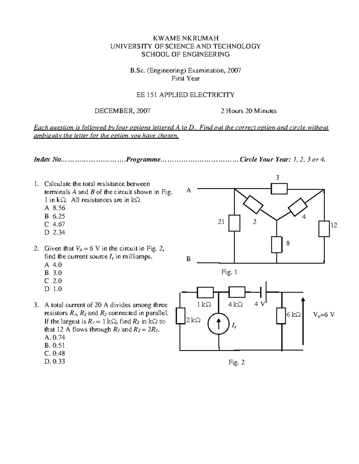 B.Sc. Engineering EE 151 Applied Electricity Exam Practice Material ...