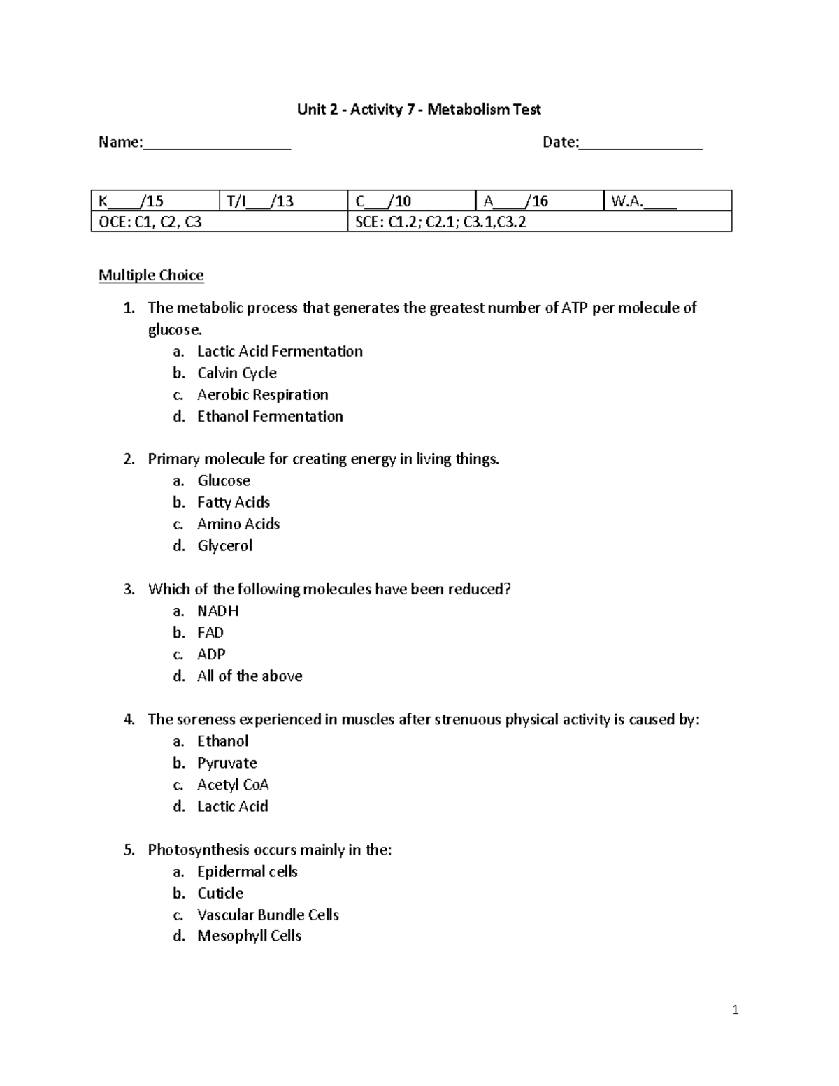 Unit 2 Activity 7 Metabolism Test: ATP, Photosynthesis & Respiration ...