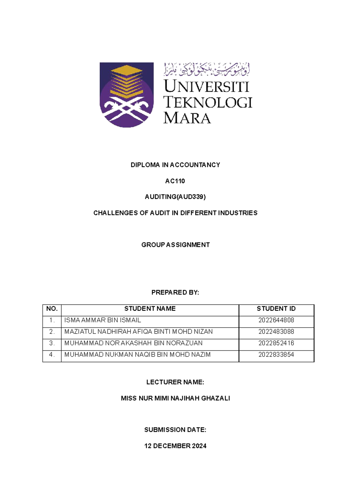 AUD339 Challenges of Audit in Different Industries - Group Assignment ...