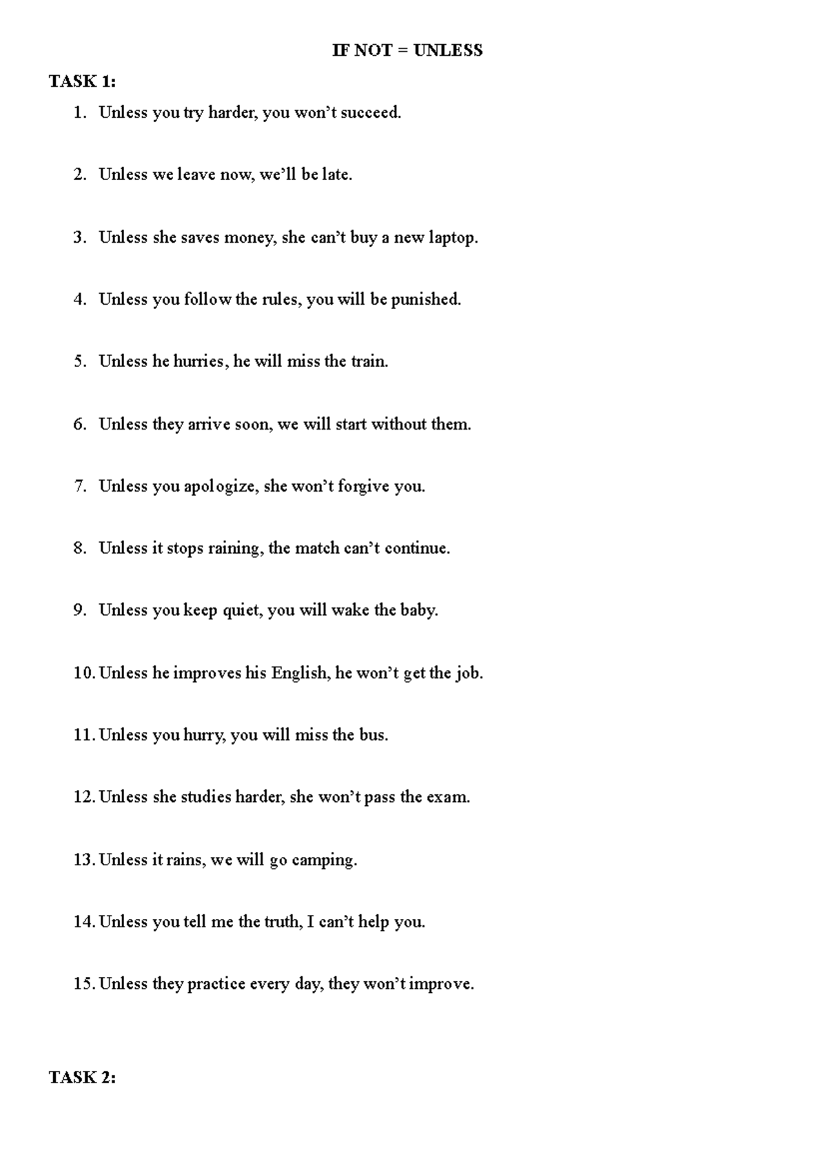 IF NOT UNLESS TASK 1: Conditional Sentences Practice - Studocu