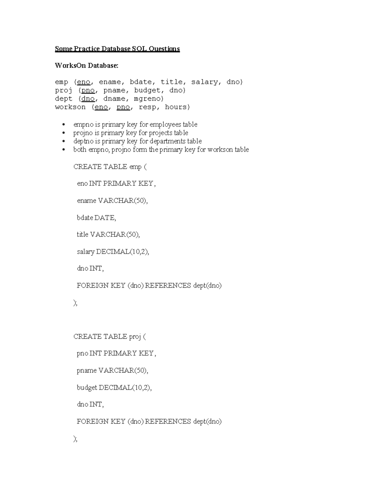 SQL Practice Questions for Database Course: SQL101 - Studocu