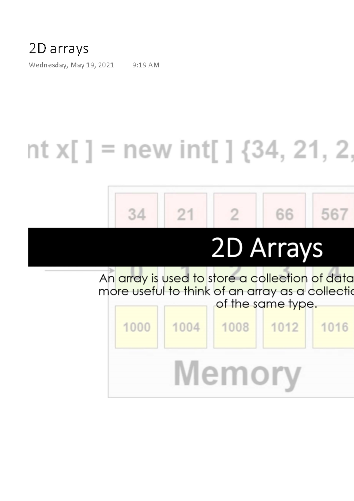 2D arrays - computer science - 2D arrays Wednesday, May 19, 2021 9:19 ...