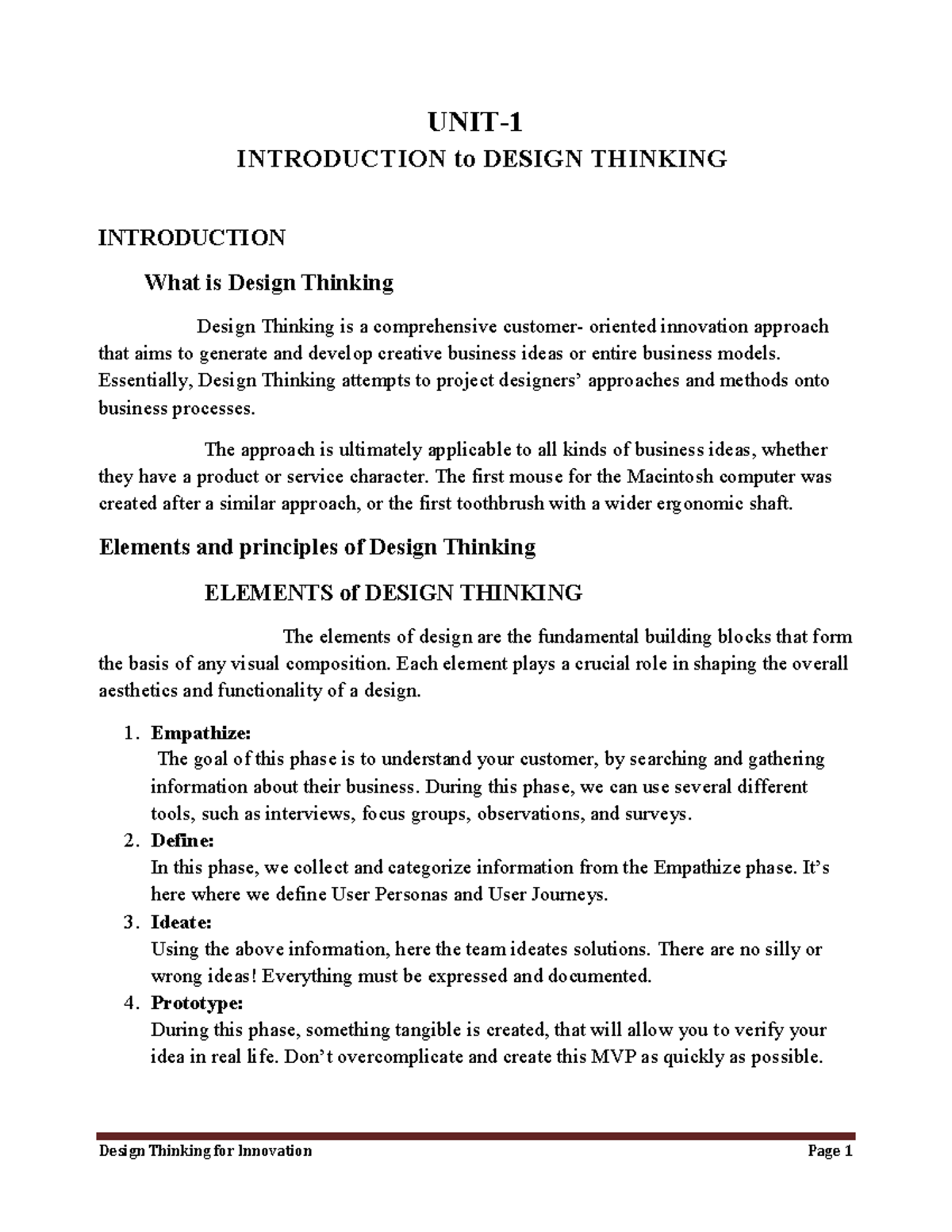 DTI UNIT 1: Comprehensive Overview of Design Thinking and Innovation ...