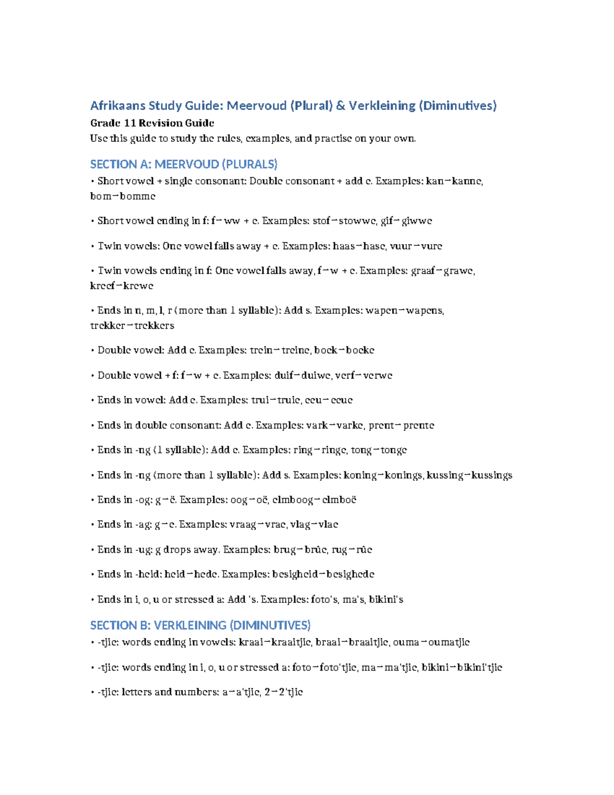 Afrikaans Grade 11 Study Guide: Meervoud & Verkleining - Studocu