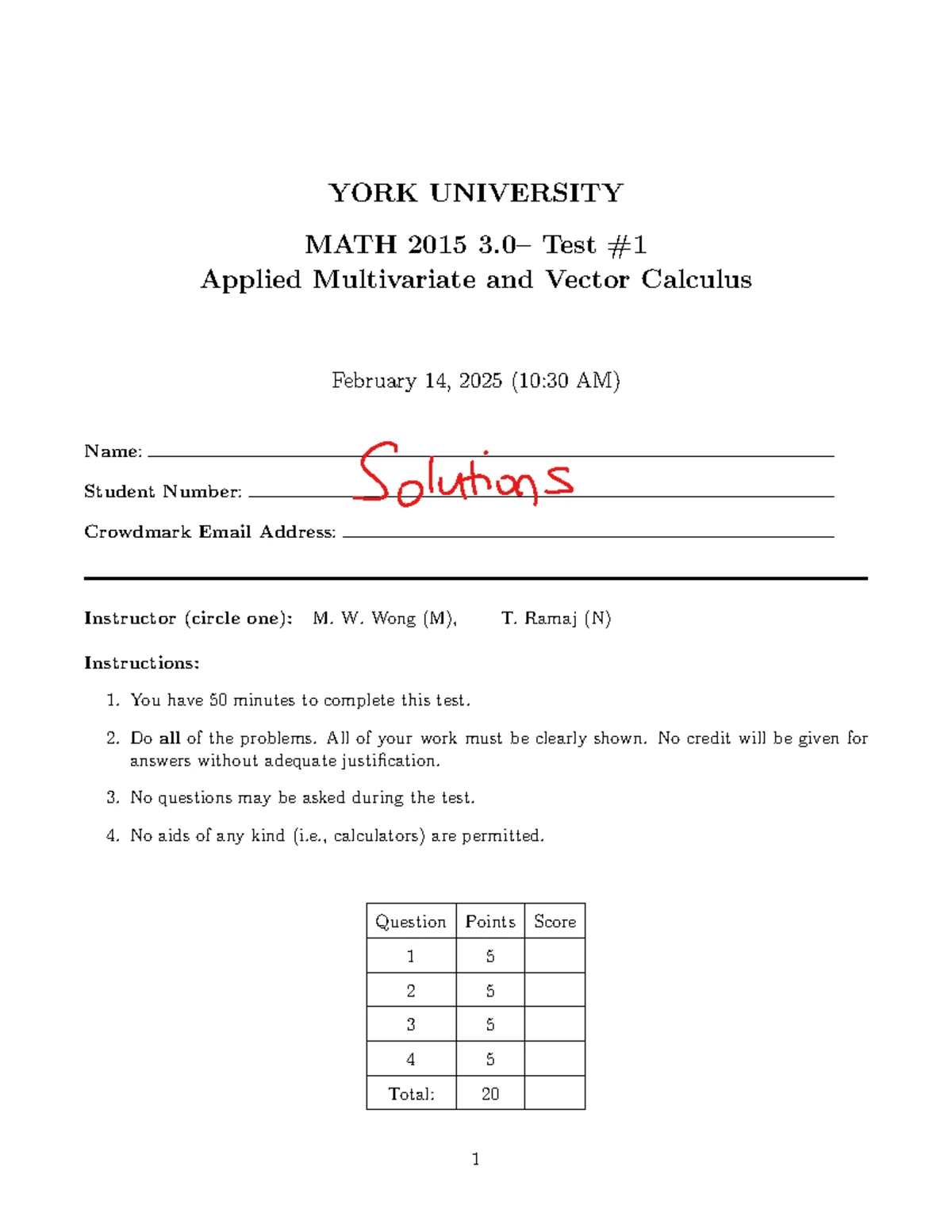MATH 2015 Practice Test Solutions: Applied Multivariate Calculus 2025 ...