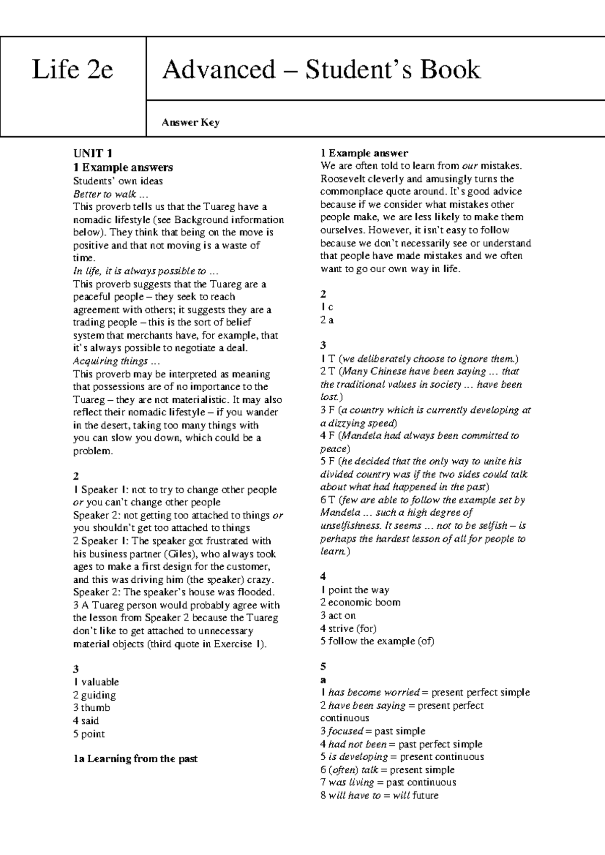 Life 2e Advanced SB Answer Key: Unit 1 Insights and Exercises - Studocu