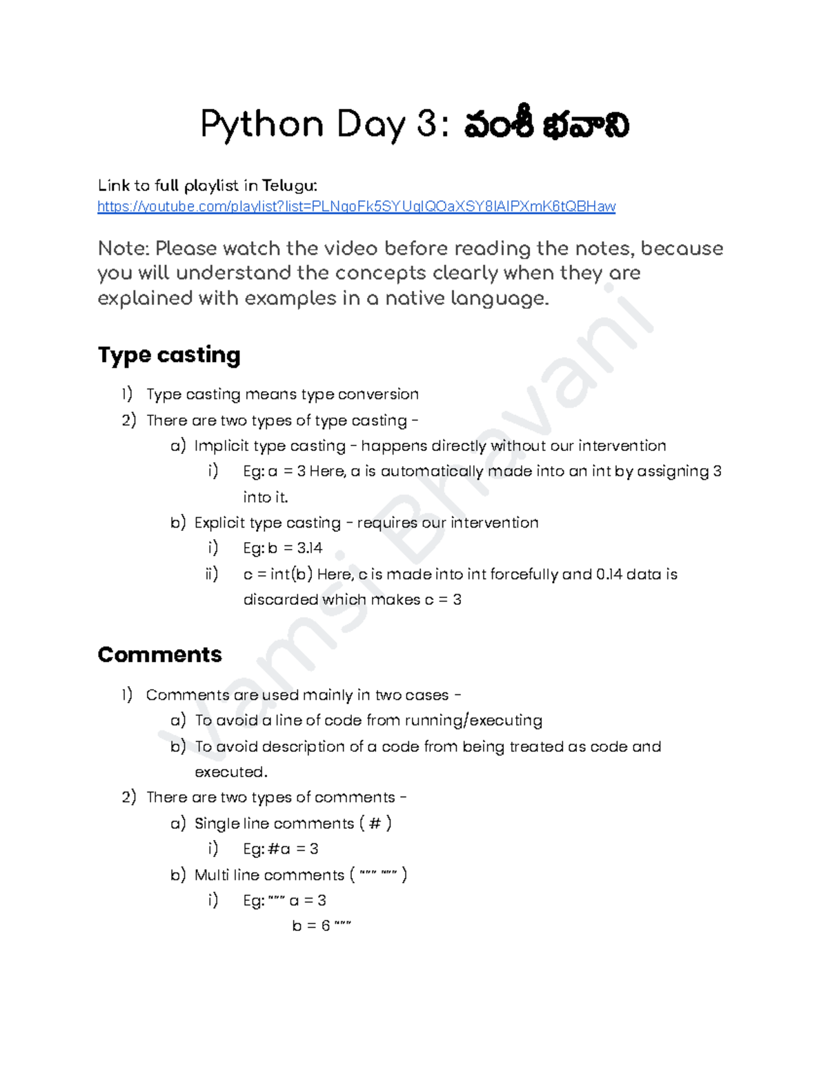 Python Day 3: Type Casting & Comments Explained in Telugu - Studocu