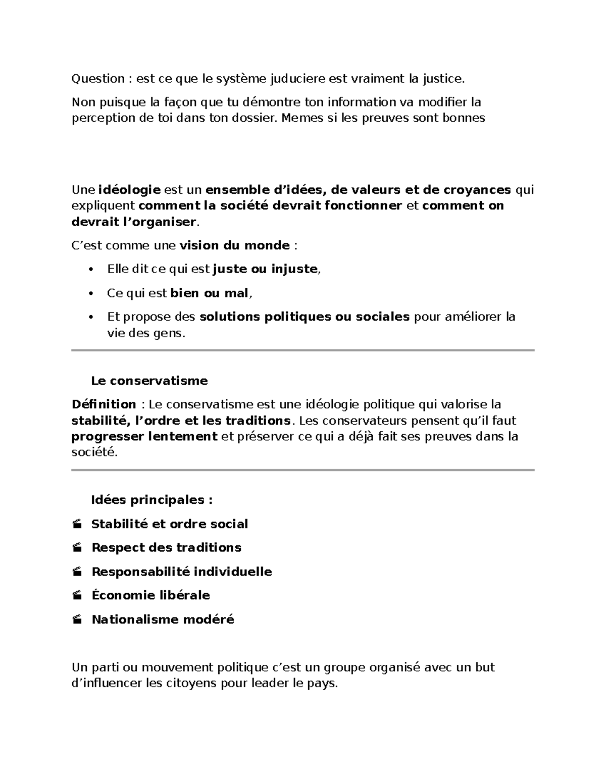 Notes de cours : CI 101 - Idéologies politiques et conservatisme - Studocu